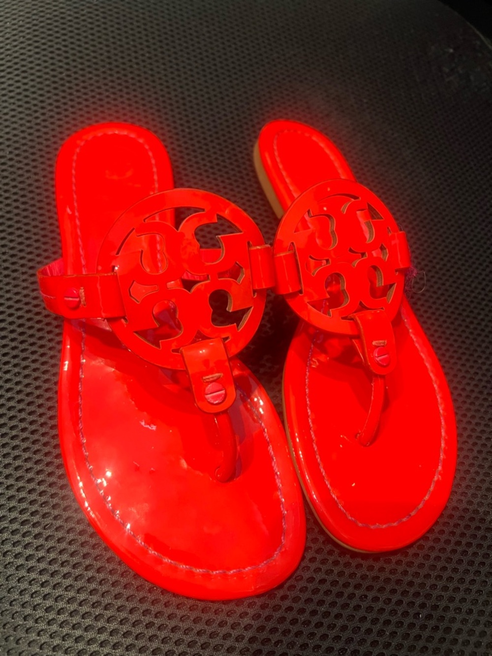 Tory Burch Miller neon Patent Logo Medallion Thong Sandals